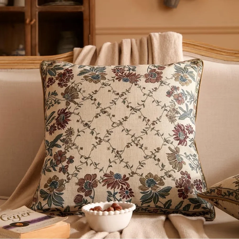 Decorative Vintage Floral Linen Pillow Cover Square 18x18” (1-count)